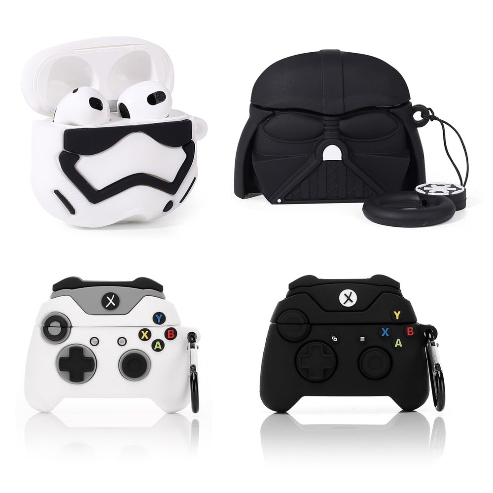 (4Pack) Case for AirPods 3rd Generation Earbuds (2022), XMBYGY Silicone Charging Case Protective Cover with Cute Cartoon Skin Design for AirPods 3, with Carabiner (BKsoldier+WT+GamepadBK+Wht)