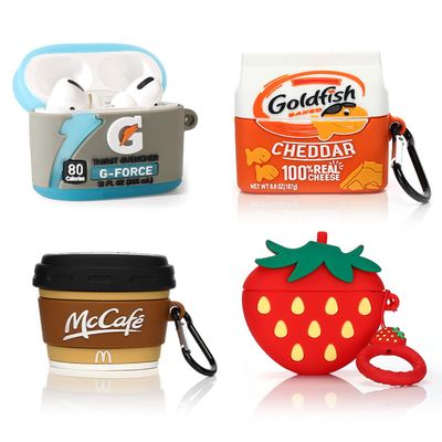(4Pack) Case for AirPods Pro 2nd/1st Generation (2022/2019) with Carabiner, XMBYGY Cute Skin Design Silicone Cartoon Charging Case Protective Covers for Boys Girls (G+GOD+Mcoffee+3Dstrawberry)