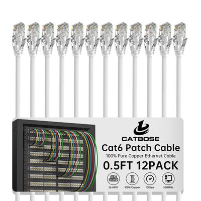 0.5 Foot Cat6 Patch Cables(12 Pack), Solid Pure Copper Patch Cord, Cat 6 Ethernet Cable, UTP Network, High Speed RJ45 Internet Cables, Compatible for Router, Switche, PC, Server, PS4/5, Xbox - White