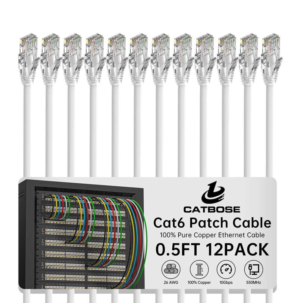 0.5 Foot Cat6 Patch Cables(12 Pack), Solid Pure Copper Patch Cord, Cat 6 Ethernet Cable, UTP Network, High Speed RJ45 Internet Cables, Compatible for Router, Switche, PC, Server, PS4/5, Xbox - White