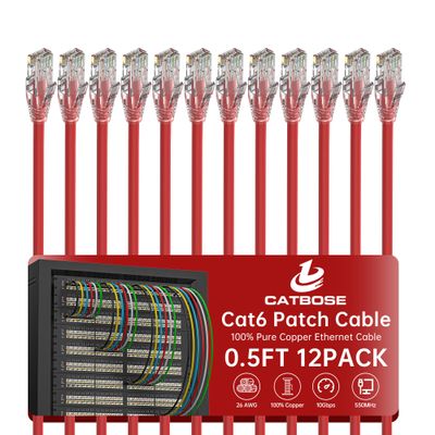 0.5 Foot Cat6 Patch Cables(12 Pack), Solid Pure Copper Patch Cord, Cat 6 Ethernet Cable, UTP Network, High Speed RJ45 Internet Cables, Compatible for Router, Switche, PC, Server, PS4/5, Xbox - Red