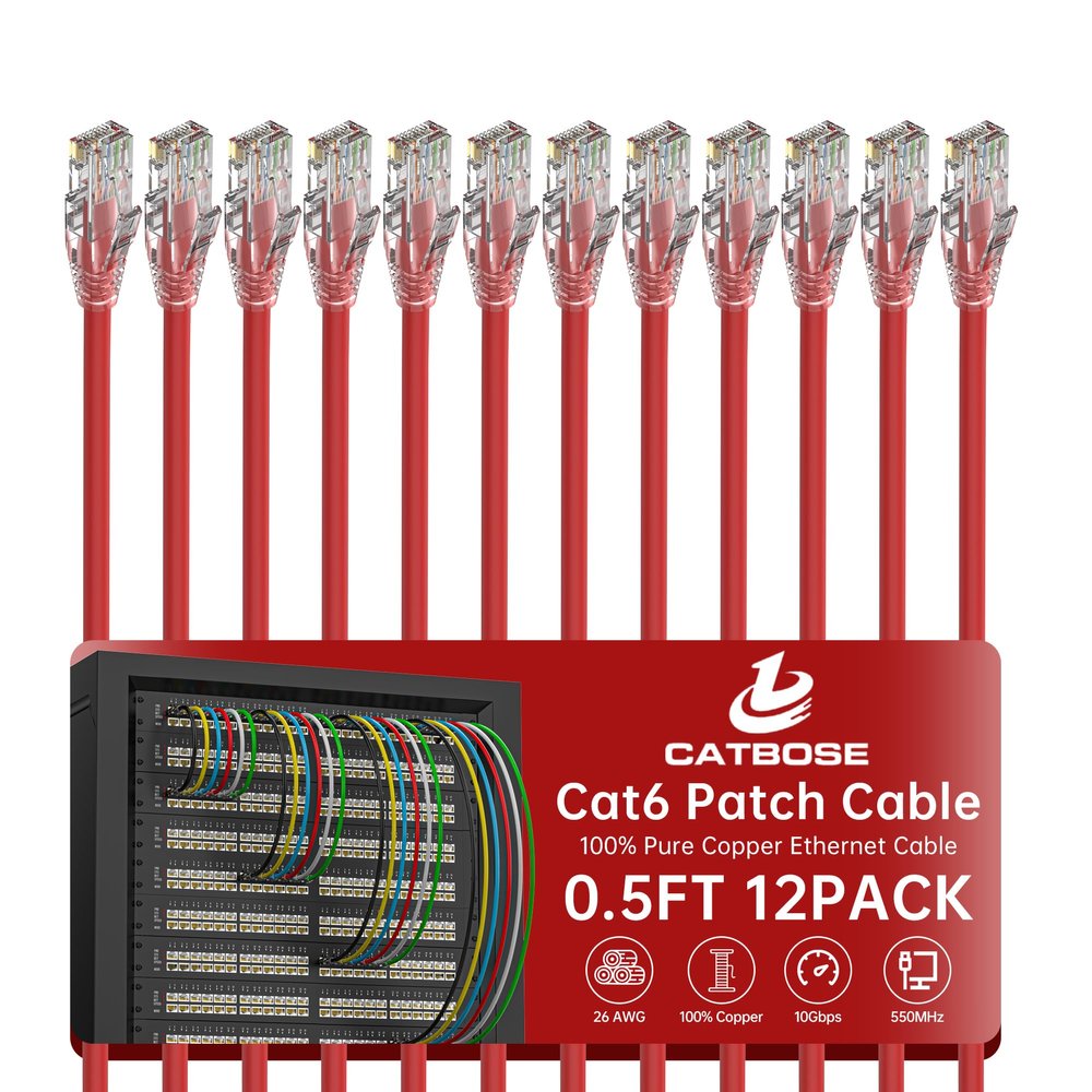 0.5 Foot Cat6 Patch Cables(12 Pack), Solid Pure Copper Patch Cord, Cat 6 Ethernet Cable, UTP Network, High Speed RJ45 Internet Cables, Compatible for Router, Switche, PC, Server, PS4/5, Xbox - Red