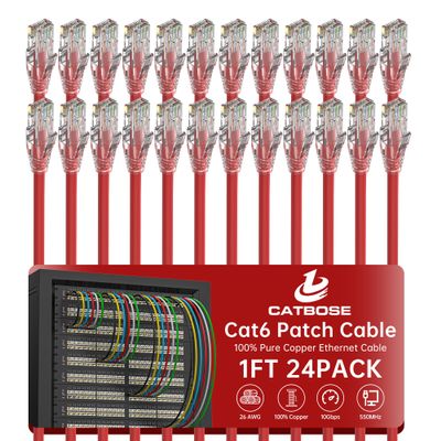 1 Foot Cat6 Patch Cables(24 Pack), Solid Pure Copper Patch Cord, Cat 6 Ethernet Cable, UTP Network, High Speed RJ45 Internet Cables, Compatible for Router, Switche, PC, Server, PS4/5, Xbox - Red