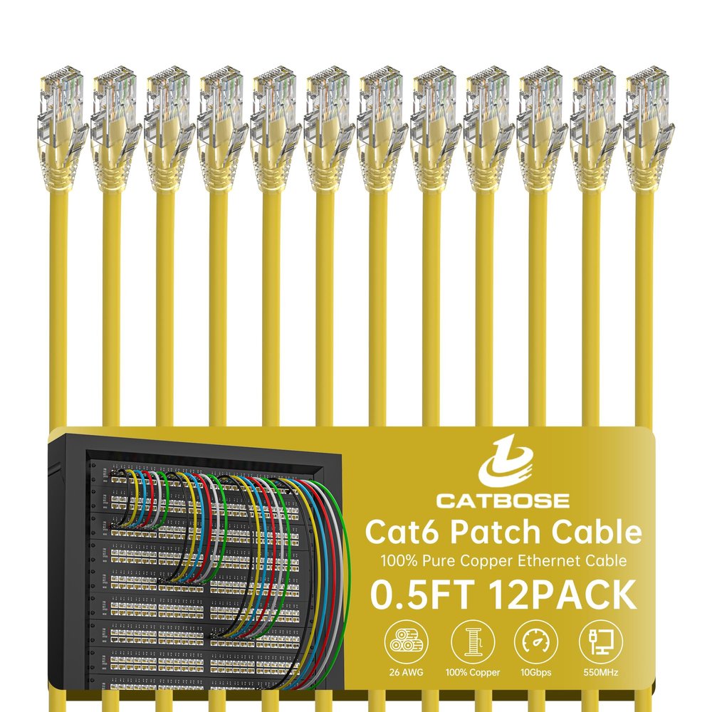 0.5 Foot Cat6 Patch Cables(12 Pack), Solid Pure Copper Patch Cord, Cat 6 Ethernet Cable, UTP Network, High Speed RJ45 Internet Cables, Compatible for Router, Switche, PC, Server, PS4/5, Xbox - Yellow