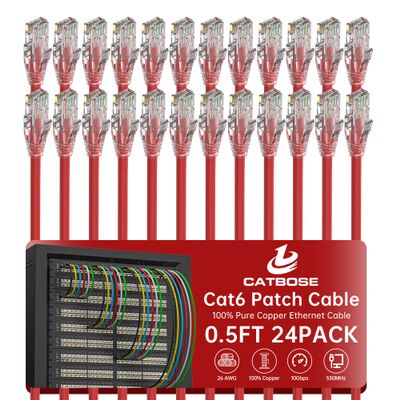 0.5 Foot Cat6 Patch Cables(24 Pack), Solid Pure Copper Patch Cord, Cat 6 Ethernet Cable, UTP Network, High Speed RJ45 Internet Cables, Compatible for Router, Switche, PC, Server, PS4/5, Xbox - Red