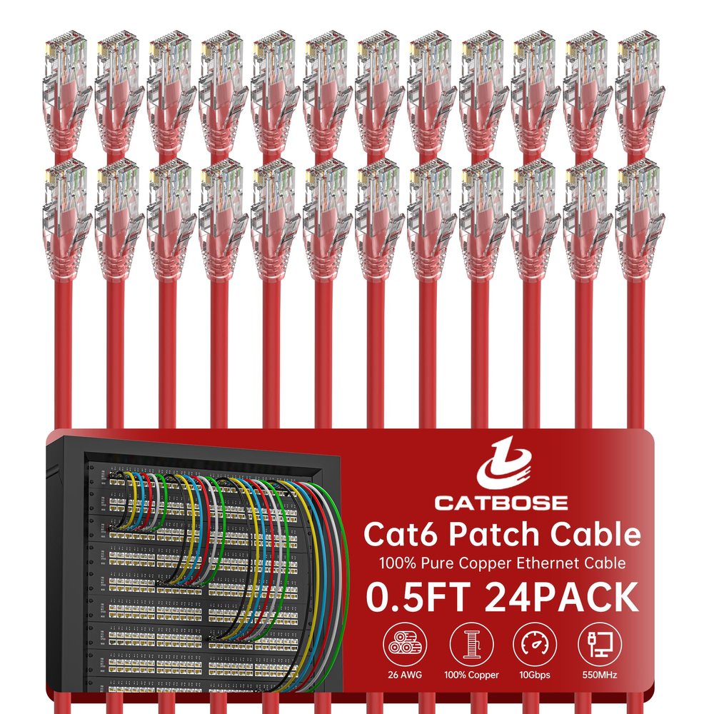 0.5 Foot Cat6 Patch Cables(24 Pack), Solid Pure Copper Patch Cord, Cat 6 Ethernet Cable, UTP Network, High Speed RJ45 Internet Cables, Compatible for Router, Switche, PC, Server, PS4/5, Xbox - Red