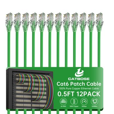 0.5 Foot Cat6 Patch Cables(12 Pack), Solid Pure Copper Patch Cord, Cat 6 Ethernet Cable, UTP Network, High Speed RJ45 Internet Cables, Compatible for Router, Switche, PC, Server, PS4/5, Xbox - Green