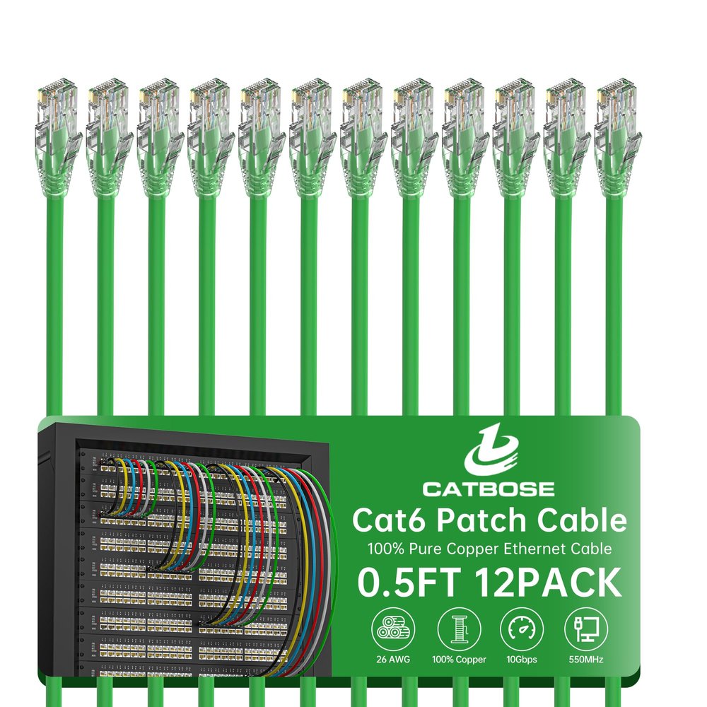 0.5 Foot Cat6 Patch Cables(12 Pack), Solid Pure Copper Patch Cord, Cat 6 Ethernet Cable, UTP Network, High Speed RJ45 Internet Cables, Compatible for Router, Switche, PC, Server, PS4/5, Xbox - Green