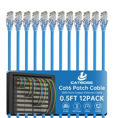 0.5 Foot Cat6 Patch Cables(12 Pack), Solid Pure Copper Patch Cord, Cat 6 Ethernet Cable, UTP Network, High Speed RJ45 Internet Cables, Compatible for Router, Switche, PC, Server, PS4/5, Xbox - Blue
