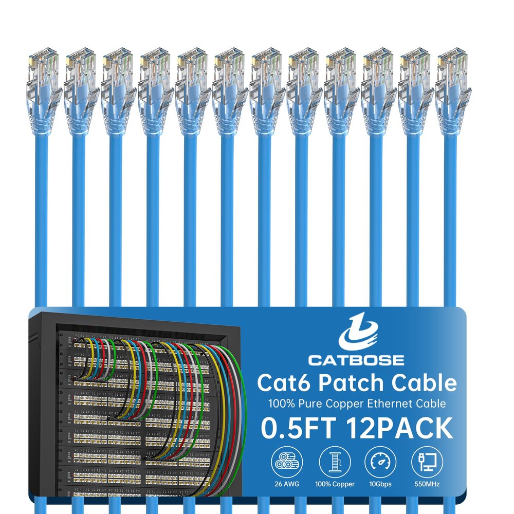 0.5 Foot Cat6 Patch Cables(12 Pack), Solid Pure Copper Patch Cord, Cat 6 Ethernet Cable, UTP Network, High Speed RJ45 Internet Cables, Compatible for Router, Switche, PC, Server, PS4/5, Xbox - Blue