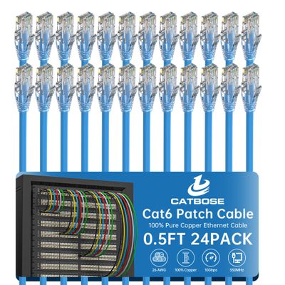 0.5 Foot Cat6 Patch Cables(24 Pack), Solid Pure Copper Patch Cord, Cat 6 Ethernet Cable, UTP Network, High Speed RJ45 Internet Cables, Compatible for Router, Switche, PC, Server, PS4/5, Xbox - Blue