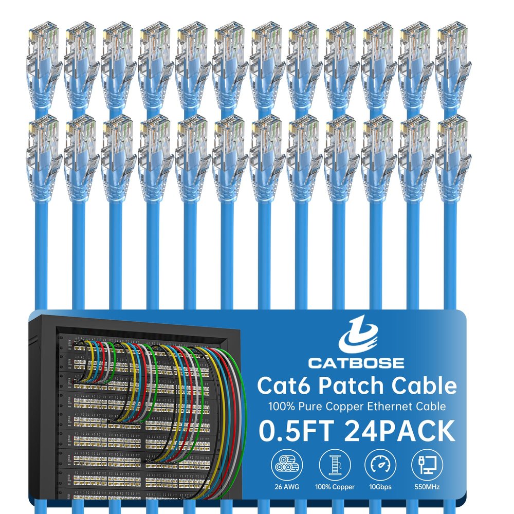 0.5 Foot Cat6 Patch Cables(24 Pack), Solid Pure Copper Patch Cord, Cat 6 Ethernet Cable, UTP Network, High Speed RJ45 Internet Cables, Compatible for Router, Switche, PC, Server, PS4/5, Xbox - Blue