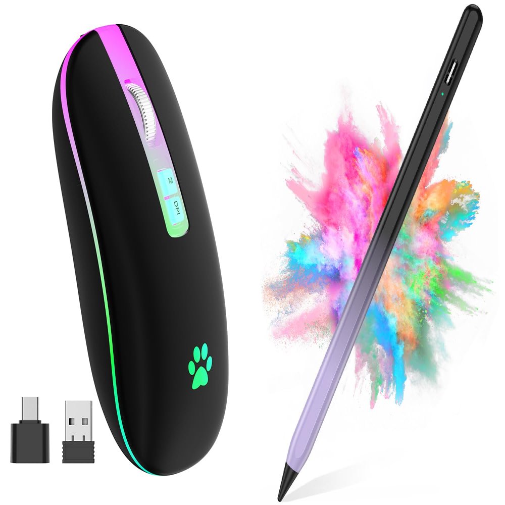 2.4G Rechargeable Wireless Mouse, 7 Color Breathing Lights Computer Mouse (Black-Transparent Nose) Bundle with Stylus Pen for iPad, Apple Pencil for iPad 2018-2023 with Palm Rejection (Black and Purp)