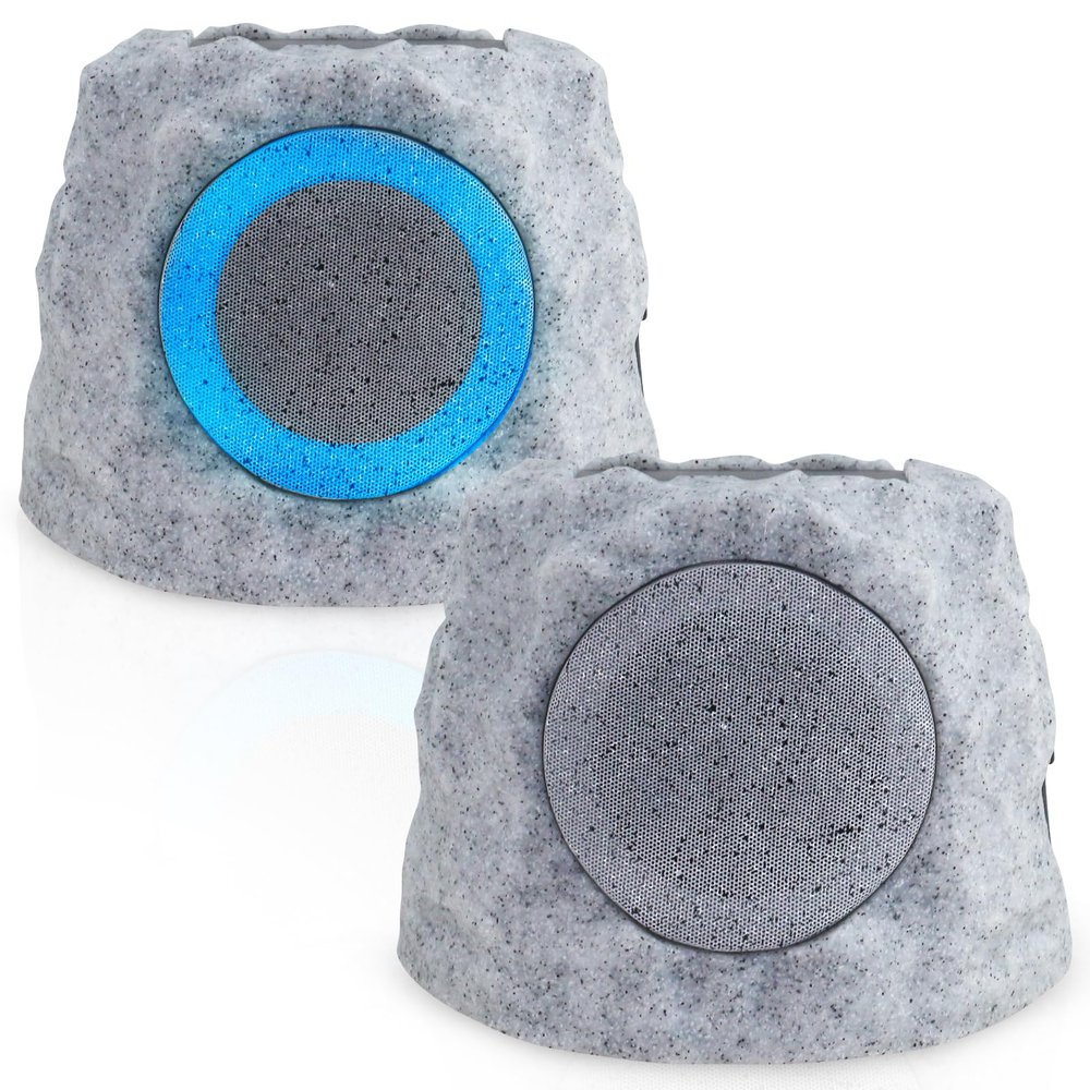 NiceBuy 2-Pack Rock Speakers Outdoor Water-Resistant Solar Powered Patio Speaker with 3 Mode Lights and Pair System and USB Rechargeable for Pool Outside Garden Yard Deck