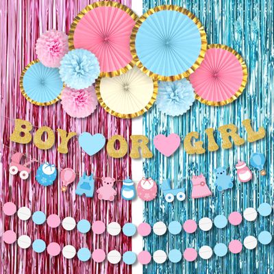 KatchOn, Pink and Blue Foil Fringe - 6.4x8 Feet, Pack of 2 | Boy or Girl Gender Reveal Banner - 10 Feet, Pack of 13 | Girl or Boy Gender Reveal Decorations | Gender Reveal Garland | Baby Shower Decor