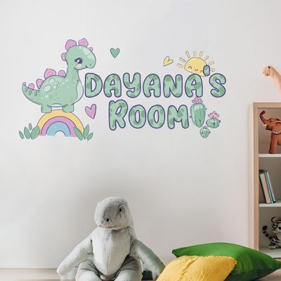 AdesiivoStudio Custom Dinosaur Wall Decal - Cute Personalized Name Sticker with Rainbow and Sun for Kids' Room Decor - Perfect for Nursery and Bedroom