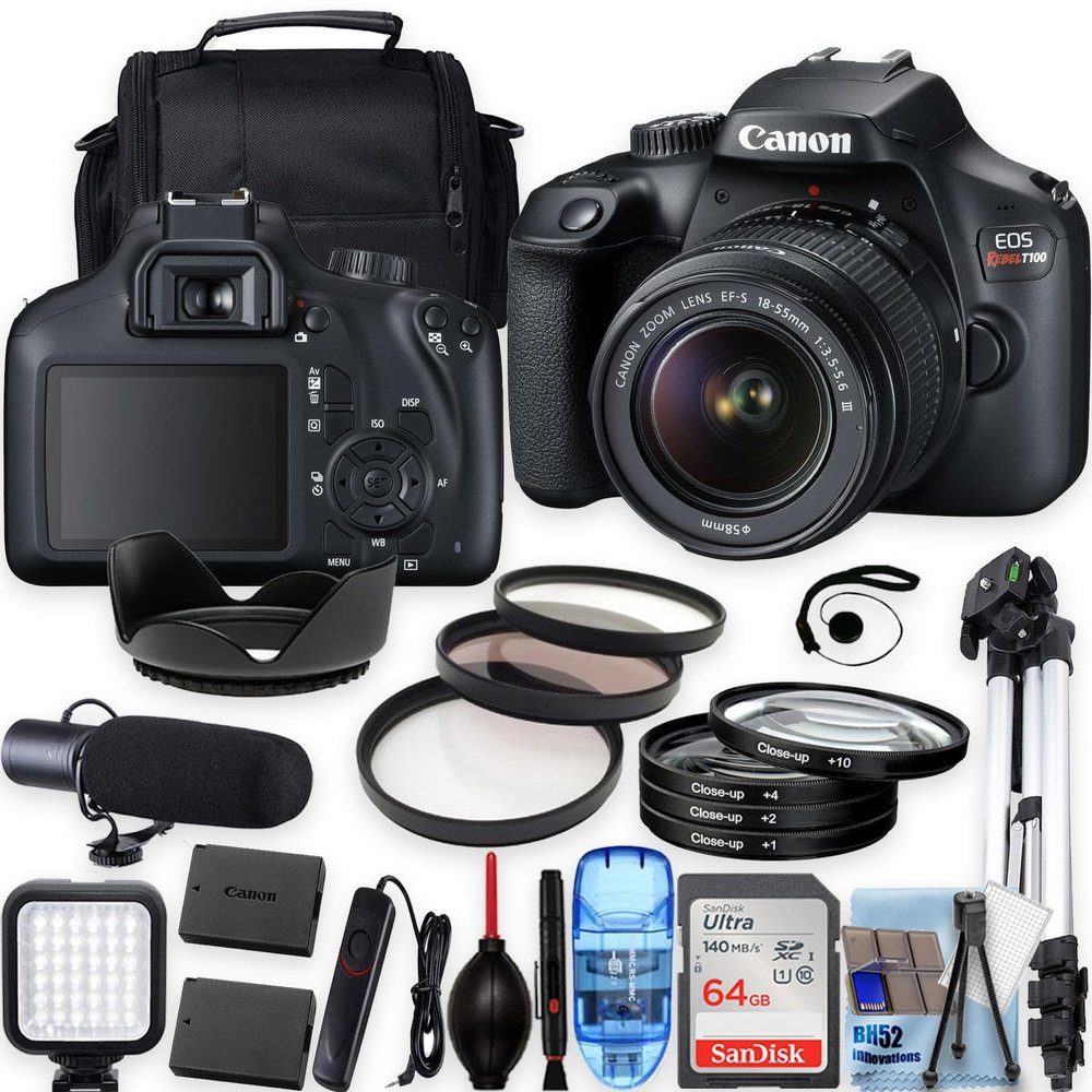 Canon EOS Rebel T100 w/EF-S 18-55mm f/3.5-5.6 III Lens, Tripod+Shoulder Bag+50 LED+PRO Accessory Bundle (20+Items) (Renewed)