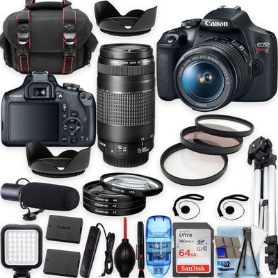 Canon EOS Rebel T7 w/EF-S 18-55mm f/3.5-5.6 is II+EF 75-300mm f/4-5.6 III Lenses, Tripod+Shoulder Bag+50 LED+PRO Accessory Bundle (20+Items) (Renewed)