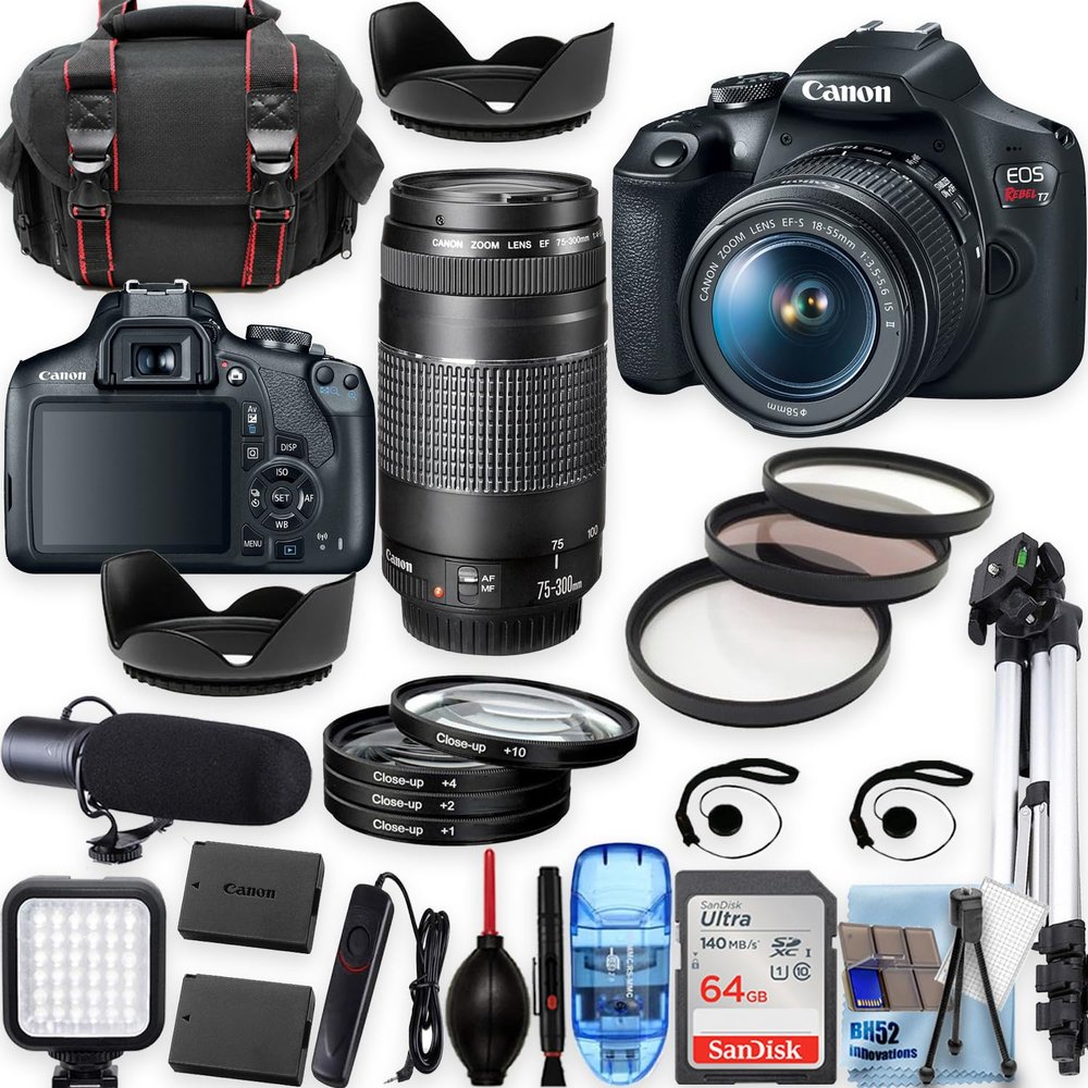 Canon EOS Rebel T7 w/EF-S 18-55mm f/3.5-5.6 is II+EF 75-300mm f/4-5.6 III Lenses, Tripod+Shoulder Bag+50 LED+PRO Accessory Bundle (20+Items) (Renewed)