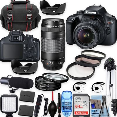 Canon EOS Rebel T100 w/EF-S 18-55mm f/3.5-5.6 III+EF 75-300mm f/4-5.6 III Lenses, Tripod+Shoulder Bag+50 LED+PRO Accessory Bundle (20+Items) (Renewed)
