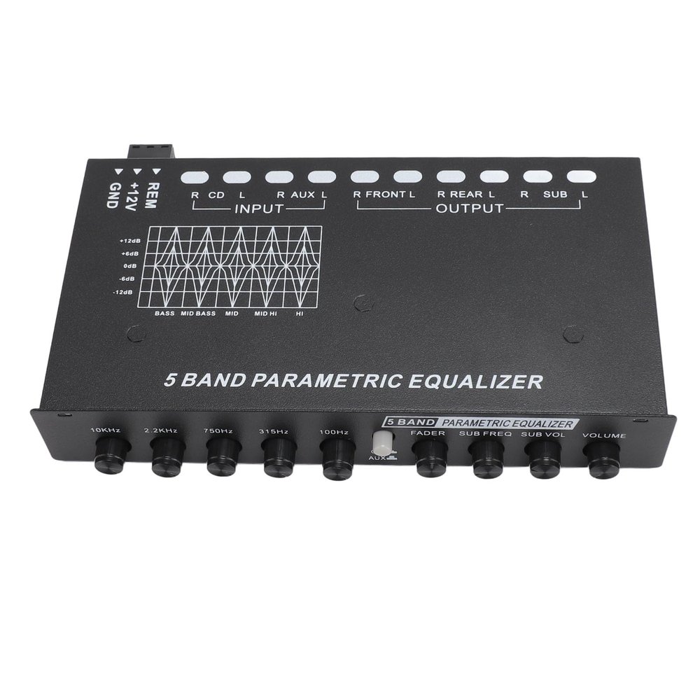 5 Band Car Sound Equalizer, Adjustable 5 Bands EQ Car Amplifier Graphic Equalizer, Subwoofer Frequency Control, Front Rear Sub Output for Car Stereo