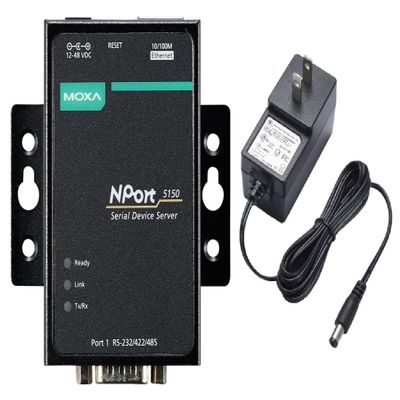 Moxa NPort 5150 with Adapter - 1-Port Device Server, 10/100M ethernet, RS-232/422/485 DB9 Male, 12~48 VDC, 0~55C (Adapter Included)