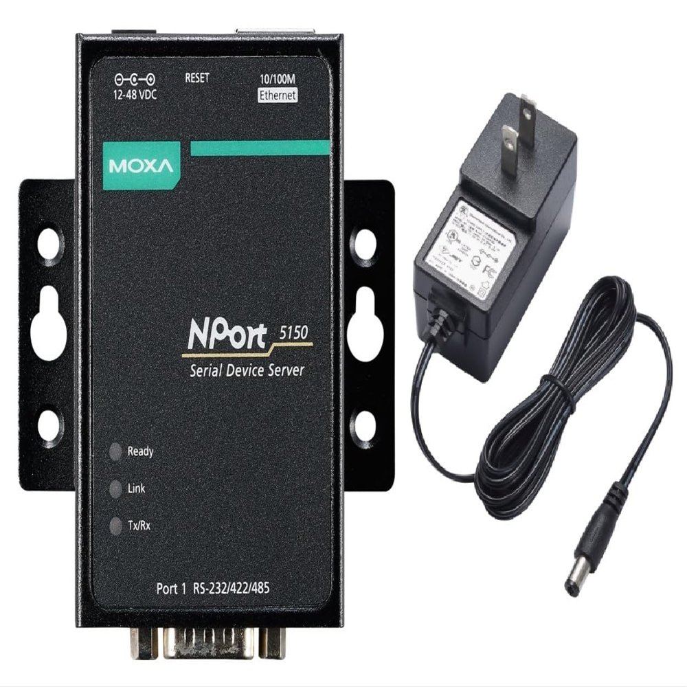 Moxa NPort 5150 with Adapter - 1-Port Device Server, 10/100M ethernet, RS-232/422/485 DB9 Male, 12~48 VDC, 0~55C (Adapter Included)