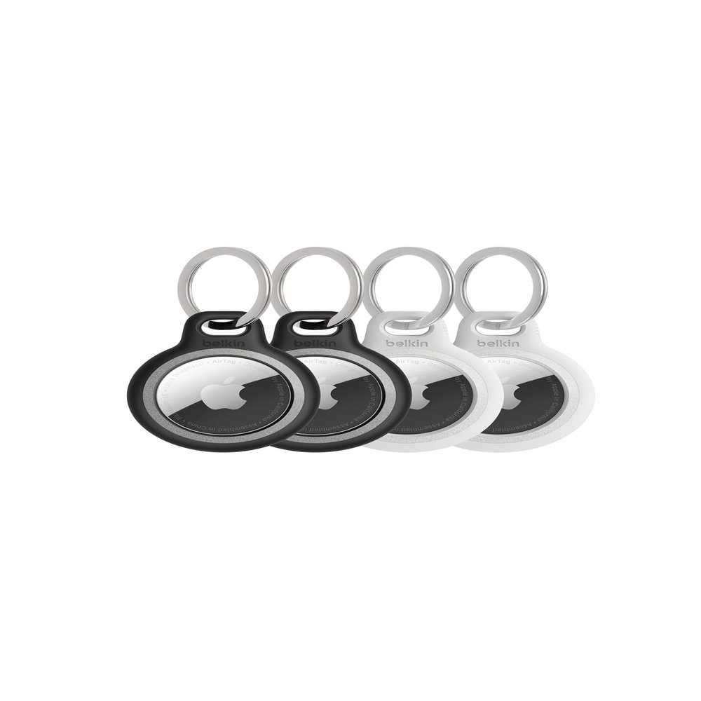 Belkin Apple AirTag Reflective Secure Holder w/Key Ring, Scratch-Resistant Case w/Raised Edges - Protective AirTag Keychain Accessory for Keys, Child Tracking Device, Pets - Black/White (4-Pack)