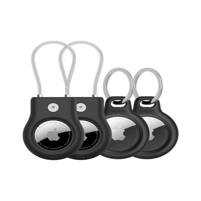 Belkin Apple AirTag Secure Holder w/Key Ring + Wire Cable, Scratch-Resistant Case with Open Face & Raised Edges - Protective AirTag Keychain Accessory for Keys, Pets, Luggage, & More - Black (4-Pack)