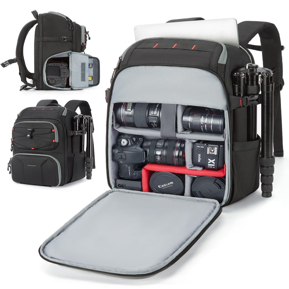 BAGSMART Camera Bag for Photographers, Professional Camera Bag Fits up to 15.6" Laptop, DSLR/Drones/Tripod Camera Case with Rain Cover, Black