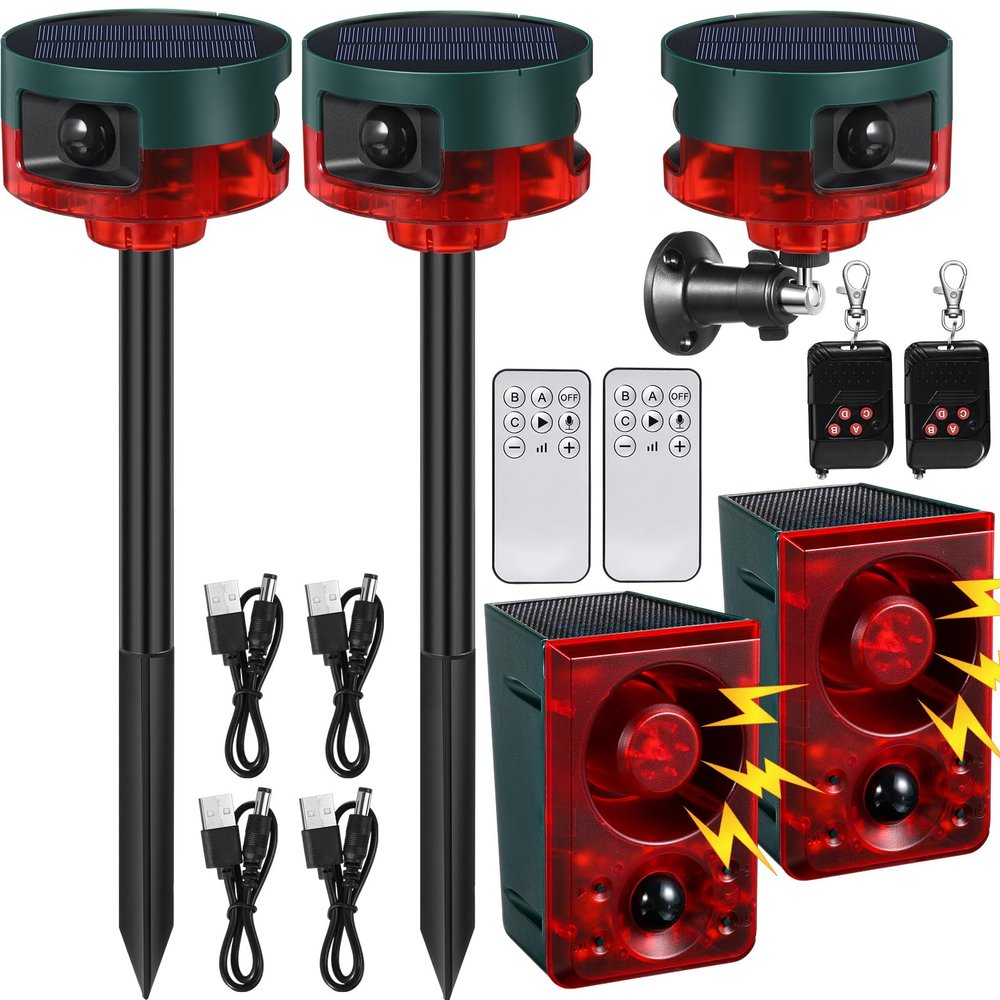 Qualirey 4 Pack Solar Outdoor Motion Sensor Alarm in 2 130db Loud Noise Maker Support Recording Adjustable Volume Strobe Light Multiple Mode with Remote Control and USB Charging Cable