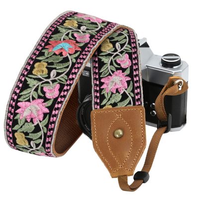Padwa Lifestyle Embroidered Flower Camera Strap - 2" Wide Classic Vintage Crazy Horse Arts Cowhide Head Camera Straps for Photographers,Universal Neck Shoulder & Crossbody Strap Fit DSLR/SLR Camera