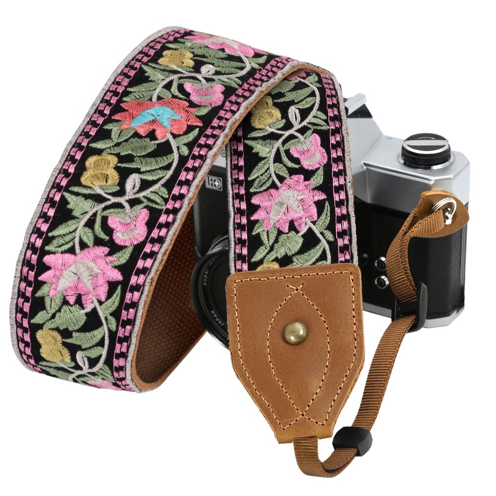 Padwa Lifestyle Embroidered Flower Camera Strap - 2" Wide Classic Vintage Crazy Horse Arts Cowhide Head Camera Straps for Photographers,Universal Neck Shoulder & Crossbody Strap Fit DSLR/SLR Camera