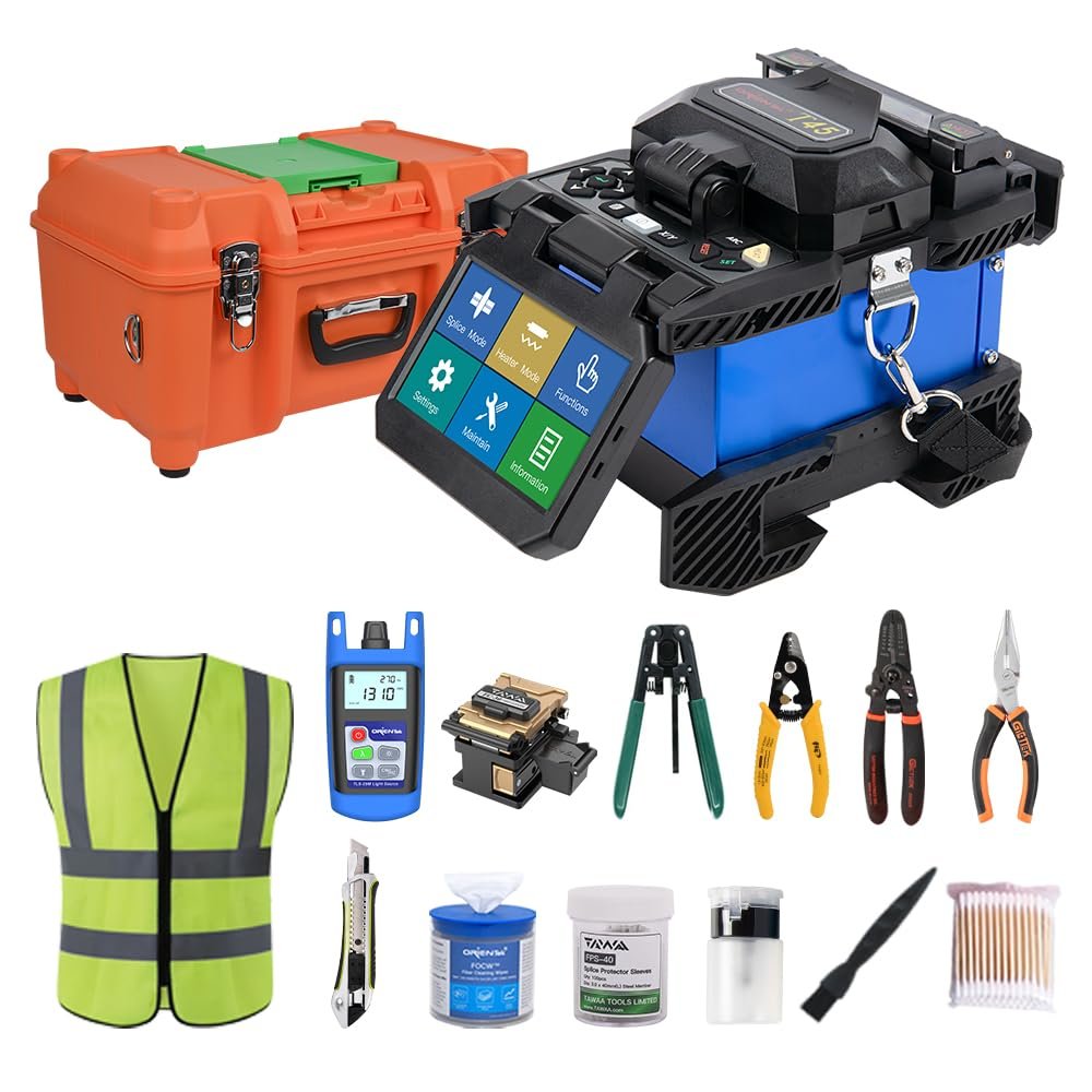 Orientek T45 Fusion Splicer Core Alignment Splicing Machine, 7 Second Splice, Waterproof 4.3" Touchscreen, FTTH Network Kit Including Fiber Cleaver, Stripper, Power Meter for SM MM DS NZ-DS Fibers