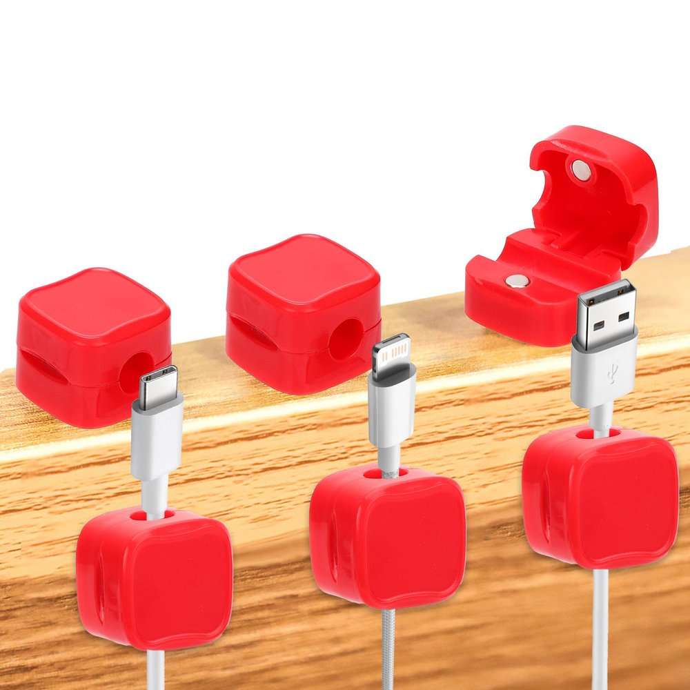 6pcs Phone Charger Wire Holders, Magnetic Desk Cable Clips Self Adhesive Desk Cable Cord Organizer Wire Manager Keeper for Home Office Kitchen Wall Car Desk (Red)