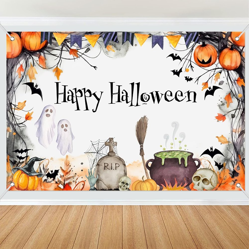 10x6ft Fabric Happy Halloween Backdrop Banner for Kids, Cartoon Pumpkin Ghost Tombstone Bat Background Magic Pot Witch Kids Family Party Birthday Banner Decor Halloween Hanging Backdrop