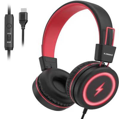 Kid Headphones for School, USB Type C Kids Headphone with LED Lights, Wired Boys Girls Headphones with Safe Limiter 85dB/94dB, Foldable On Ear Headphones with Microphones for School/iPad, Black
