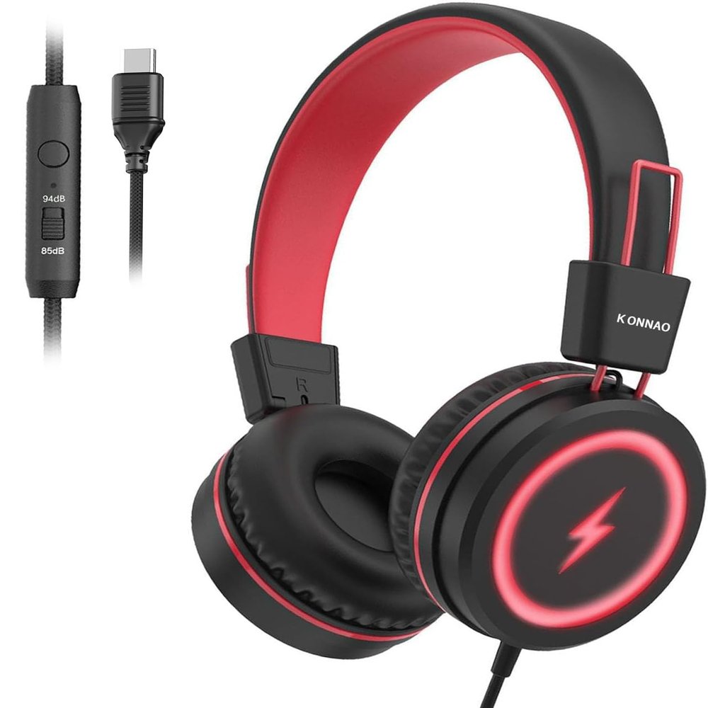 Kid Headphones for School, USB Type C Kids Headphone with LED Lights, Wired Boys Girls Headphones with Safe Limiter 85dB/94dB, Foldable On Ear Headphones with Microphones for School/iPad, Black