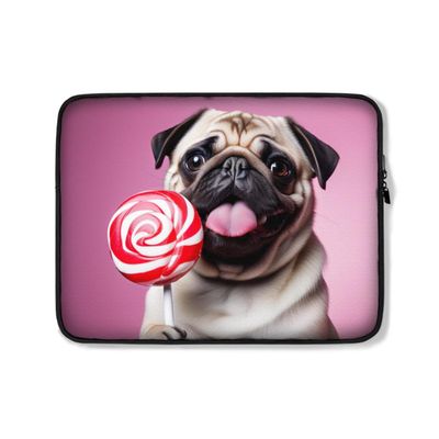 Neoprene Sleeve Case Bag for MacBook/Tablet/Laptop/Notebook Computer 10-17" inches Cute Funny Dog Animal Pug Puppy Licking a Candy Lollipop Cute Carrying Cover