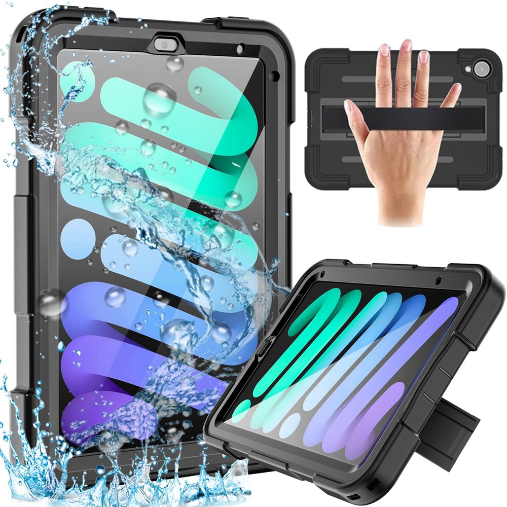 AdirMi Waterproof Case for iPad Mini 6th Generation 2021 8.3 Inch, Outdoor Sports Full-Body Heavy Duty Shockproof Protective Cover [Stand & Handheld] Built-in Screen Protector