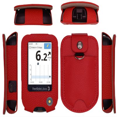 Fitted Leather Case W/Screen Protector & Pocket (Lanyard Included) for USA with Freestyle Libre 3 Libre 2 (Red)