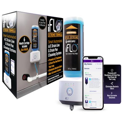 iFLO Smart A/C Drain Line and Drain Pan Cleaner for HVAC System, Clog-Free, Easy Installation & App-Controlled Air Conditioner Maintenance, Includes 36oz Cleaner Cartridge Concentrate, 6 Month Supply