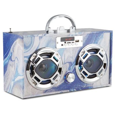 Wireless Express - Portable Party Speaker: Retro Boombox with Bluetooth, LED Light Show, Enhanced FM Radio, Rechargeable Battery (Blue Swirl)