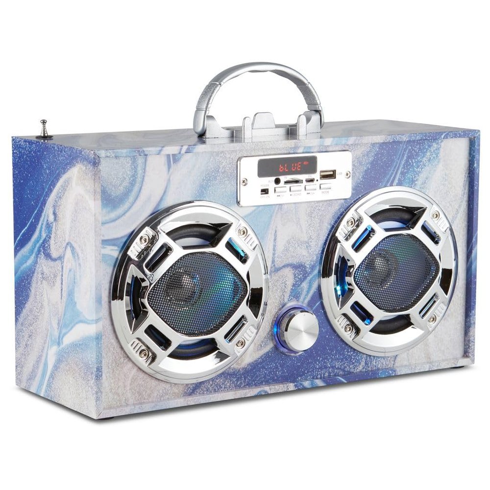 Wireless Express - Portable Party Speaker: Retro Boombox with Bluetooth, LED Light Show, Enhanced FM Radio, Rechargeable Battery (Blue Swirl)
