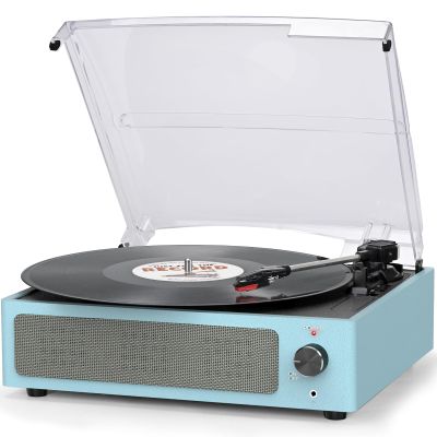 Vinyl Record Player with Speakers Vintage Turntable for Vinyl Records Belt-Driven Turntable Support 3-Speed, Wireless Playback Headphone AUX-in RCA Line LP Players for Sound Enjoyment New Sleek Blue