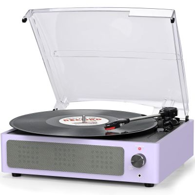 Record Player for Vinyl All-in-one Turntable with Speakers Belt-Driven Turn Table 3-Speed 3 Size 33 1/3 45 78 RPM BT Wireless Headphone AUX-in RCA LP Phonograph Auto Stop New Sleek Light Pale Purple
