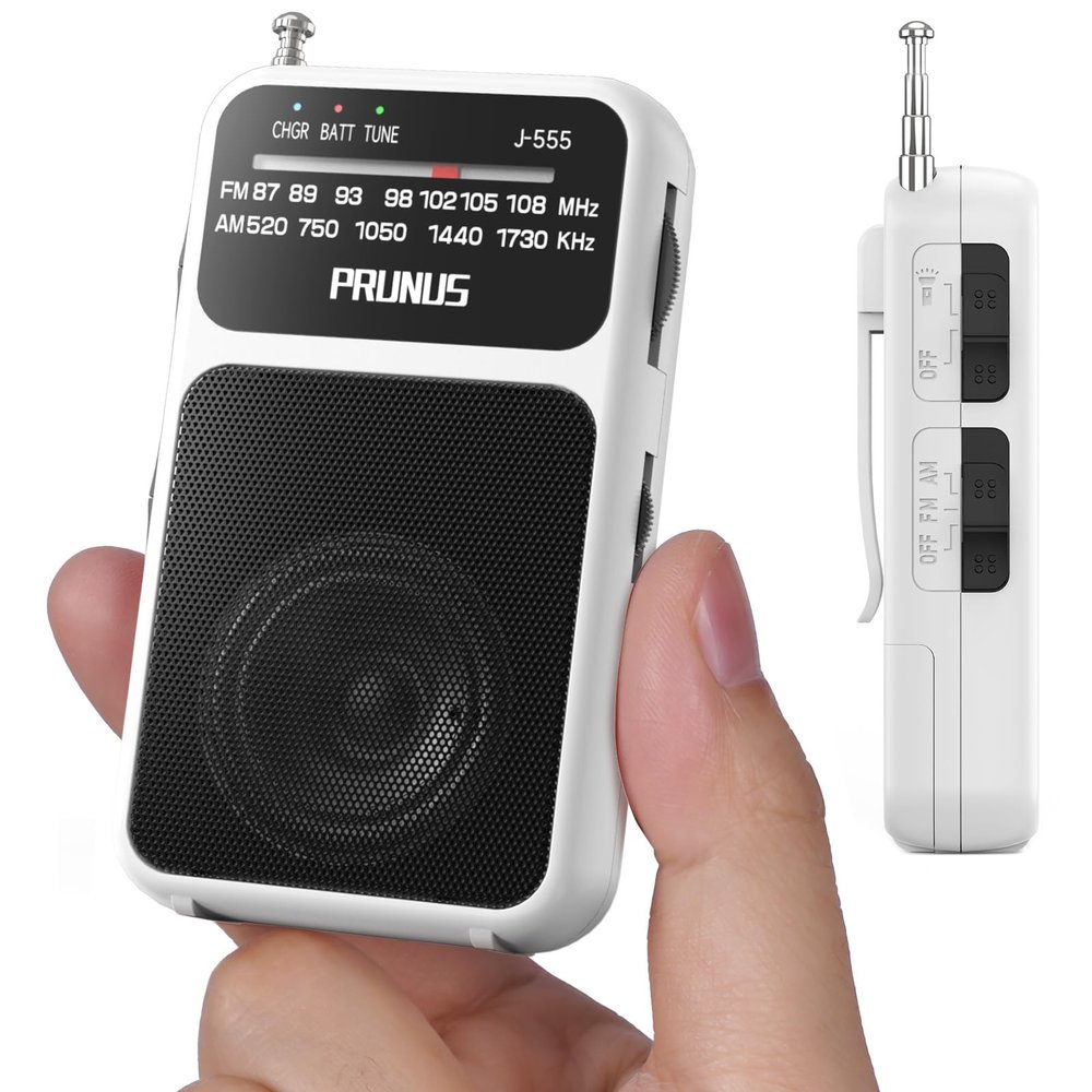 PRUNUS J-555 Pocket Radio AM FM USB-C Charging& Battery Operated, Excellent Reception& Clear Speaker and Headphone Jack, Back Clip, Flashlight, Transistor Radio, Portable Radios AM FM, Mini Radios