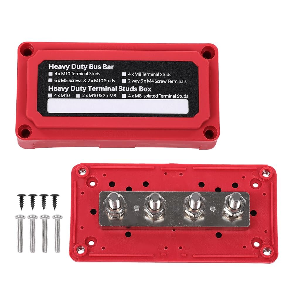 ALLGOOD Red Heavy Duty 4 Way Bus Bar/Power Distribution Box Terminal Studs 300A 48V DC