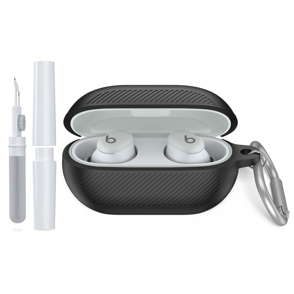WADVCU for Beats Solo Buds(2024) Case Cover with Cleaner Kit, Soft Silicone Shockproof Protective Cover Compatible with Beats Solo Buds True Wireless Earbuds Charging Case with Carabiner-Black