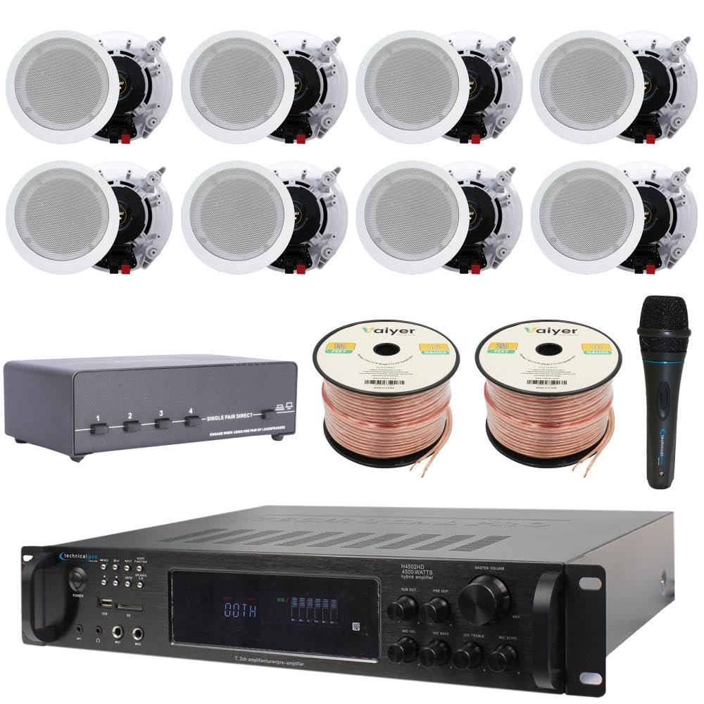 Vaiyer Home Stereo System Kit - 7.2 Channel 4500 Watts Bluetooth Amplifier with 8 Qty of 6.5" Ceiling Speakers 200W Each, 4-Ch Speaker Selector, Mic, 16 AWG 500 ft Speaker Wire & Remote